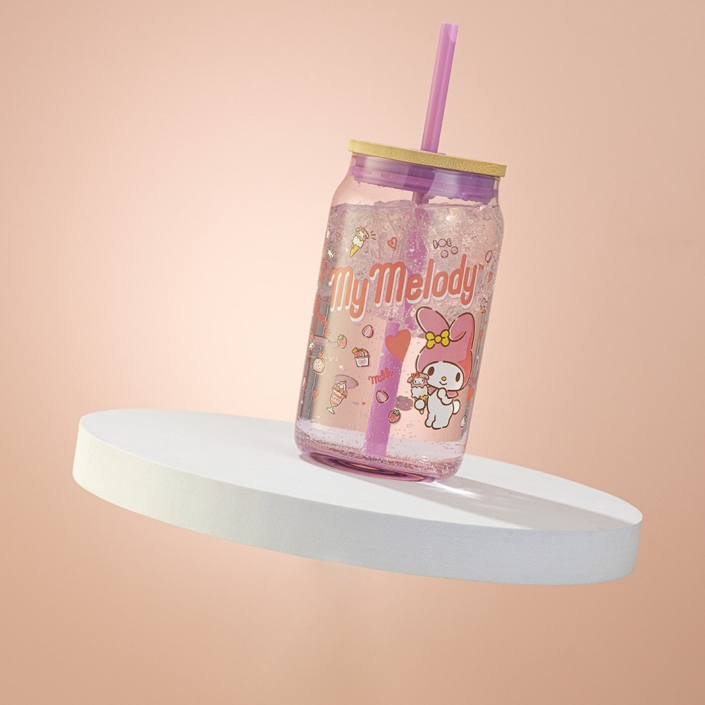 My Melody Glass Tumbler with Bamboo Lid and Straw